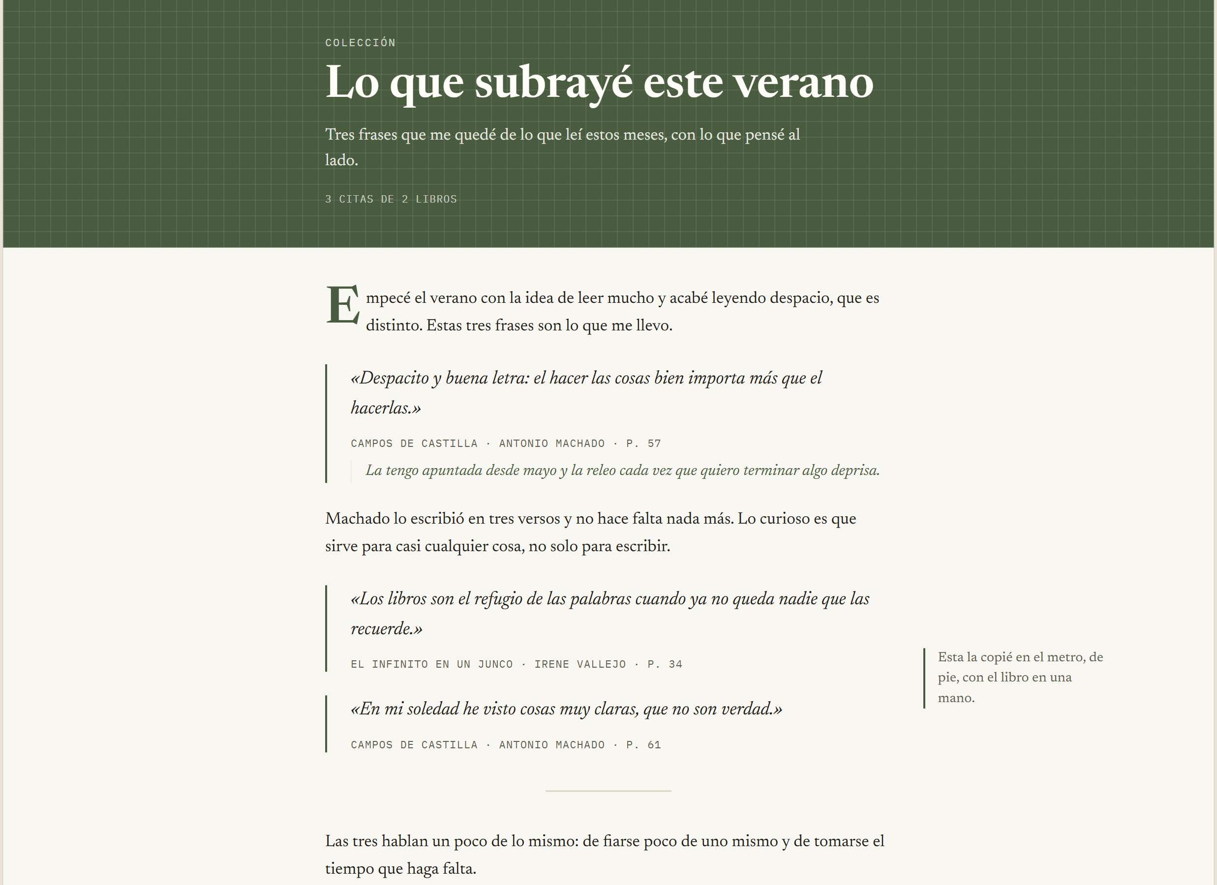 Una colección de El Margen: portada con su título y, debajo, las citas reunidas con notas al lado.